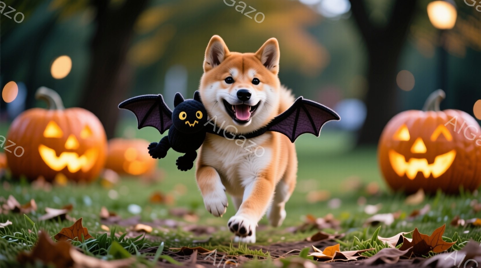 芝生の上を柴犬が勢いよく駆けている。黒いコウモリのコスチュームを背中に付けており、口を開けて楽しそうにしている。背景にはジャック・オー・ランタンが2つと、ぼんやりとした街灯が見え、秋のハロウィンの暖かい雰囲気が漂っている。