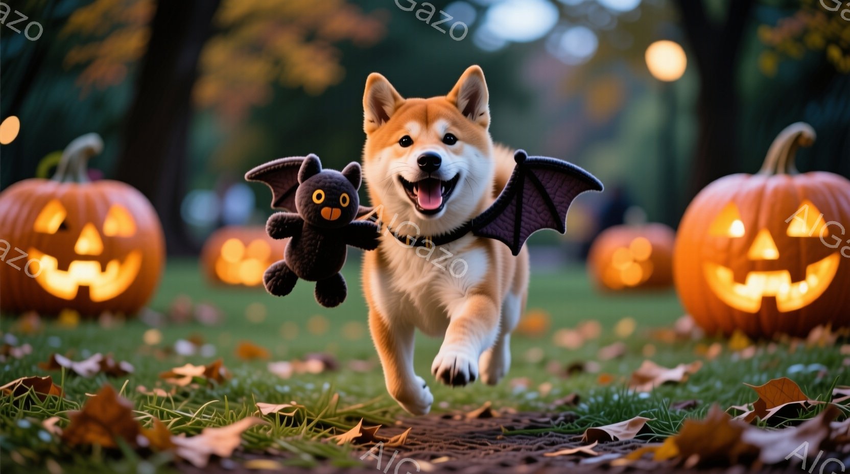 柴犬が、ハロウィーンの仮装をして芝生の上を駆けている。黒いコウモリの羽をつけて楽しそうに走り、口を開けて笑顔を見せている。背景には、ジャック・オー・ランタンが並び、落ち葉が散らばっている、秋の夜の雰囲 - AI生成フリー素材