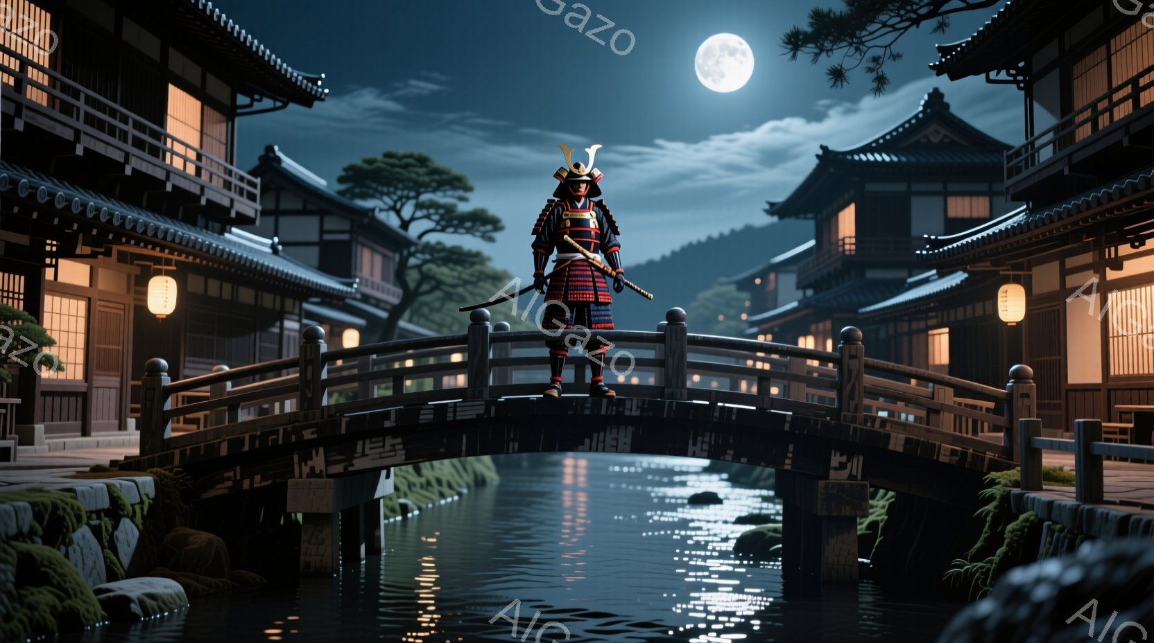 夜の古い町並みを背景に、兜と鎧を身につけた武士が橋の上に立っている。月明かりの下、武士は刀を抜き、凛々しい姿で敵を見据えているかのように見える。建物は木造で、提灯が灯っており、静かで厳かな雰囲気を醸し出している。