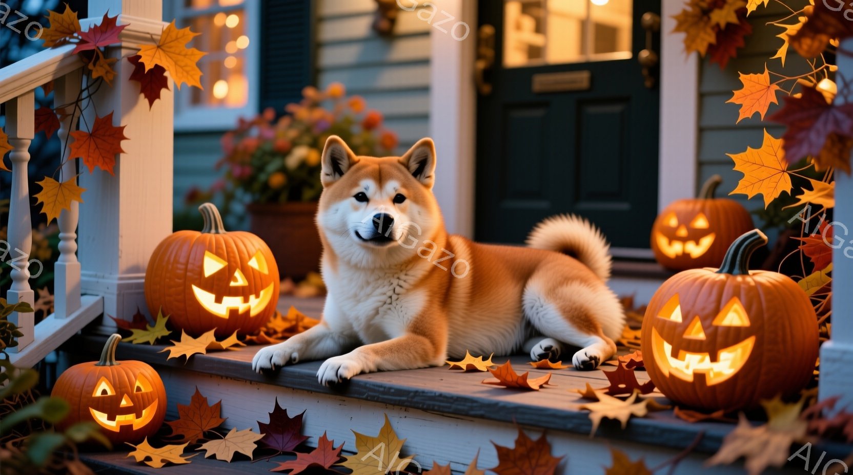 秋の雰囲気の玄関に、柴犬がリラックスして横たわっています。周囲にはハロウィーンのジャック・オー・ランタンが置かれ、階段や周りに紅葉が散りばめられています。背景には薄暗い光に照らされた家が見え、暖かく穏やかな秋の夕暮れの雰囲気が漂っています。