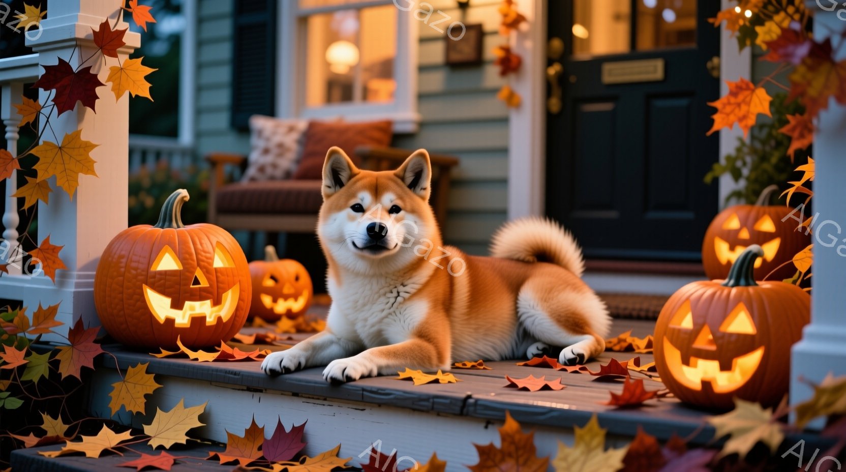 秋の飾り付けがされた家の階段に、柴犬が横たわっています。周りにはカボチャのランタンと紅葉が散らばり、温かい光が灯っています。穏やかな表情の柴犬と、ハロウィンの雰囲気が漂う背景が、季節の温かさを感じさせ - AI生成フリー素材