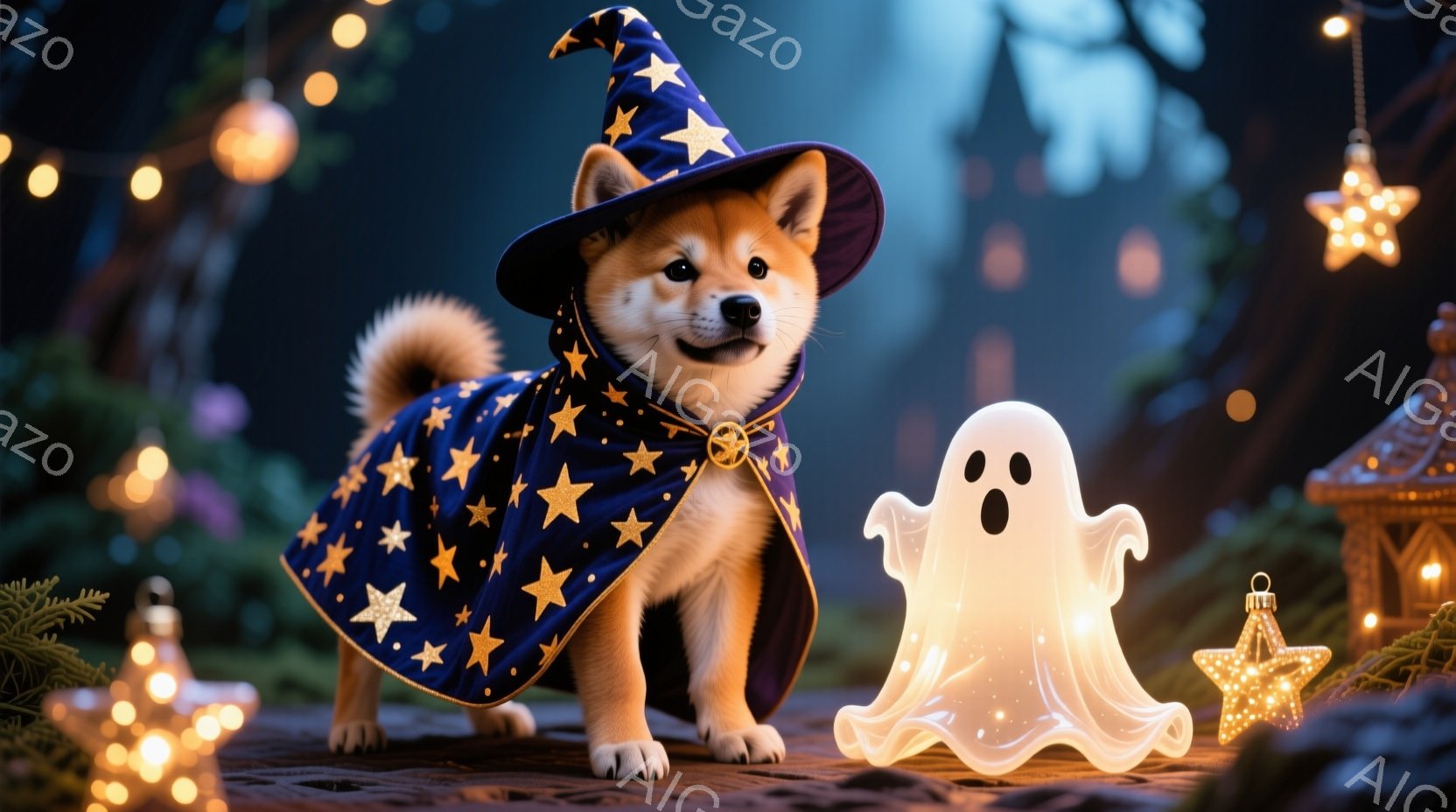 柴犬の子犬が、星が散りばめられた濃い青色のマントと、先のとがった黒い帽子を身に着けて立っています。子犬は正面を見据え、少し微笑んでいるように見え、その周りには光るお化けと星形の飾り、そしてぼやけた背景 - AI生成フリー素材