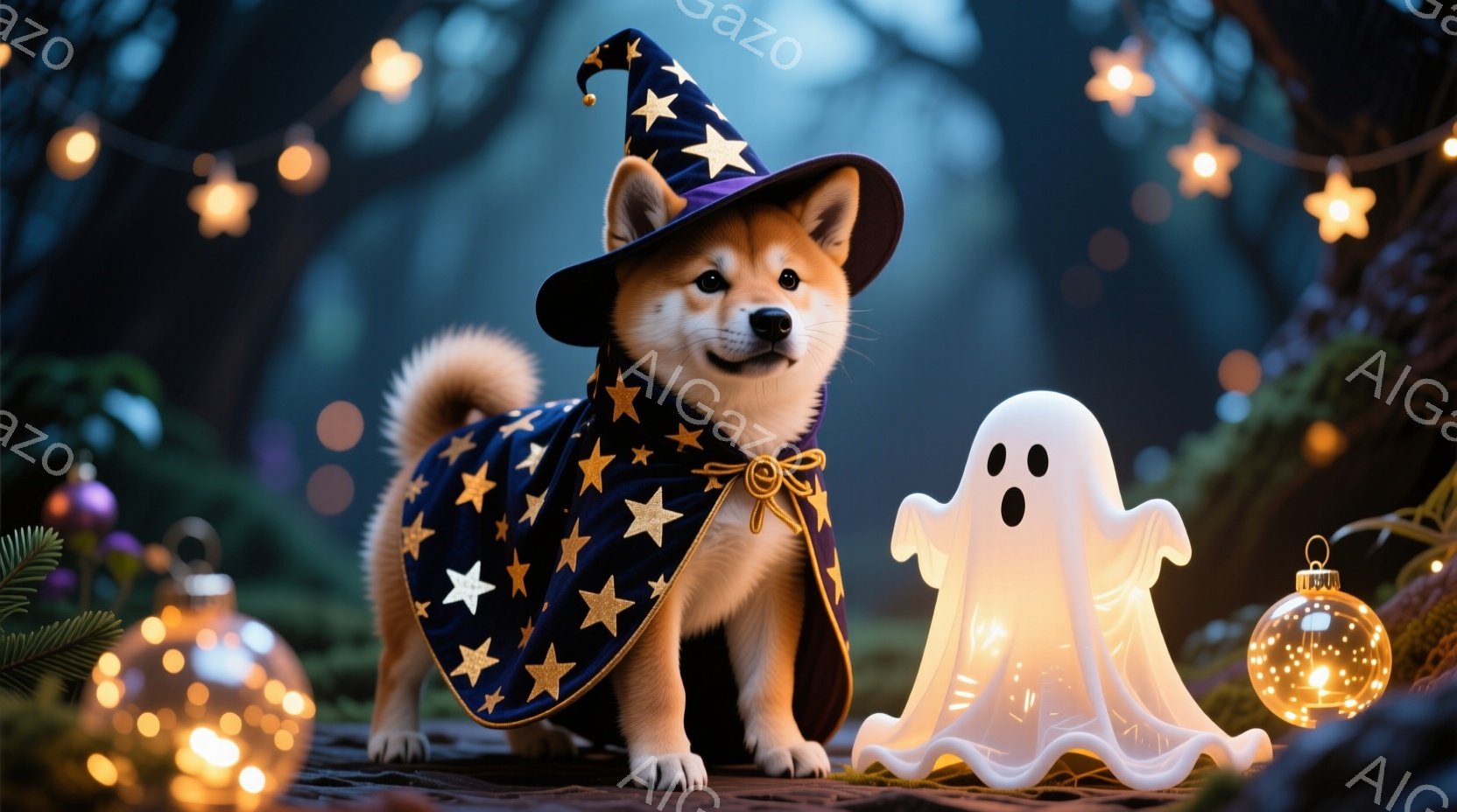 柴犬が魔女の帽子と星柄のケープを着て、正面を見つめている。背景には、光るカボチャランタンや幽霊の置物が置かれ、緑豊かな植物が生い茂っている。全体的にハロウィーンの雰囲気が漂う、幻想的な光景である。