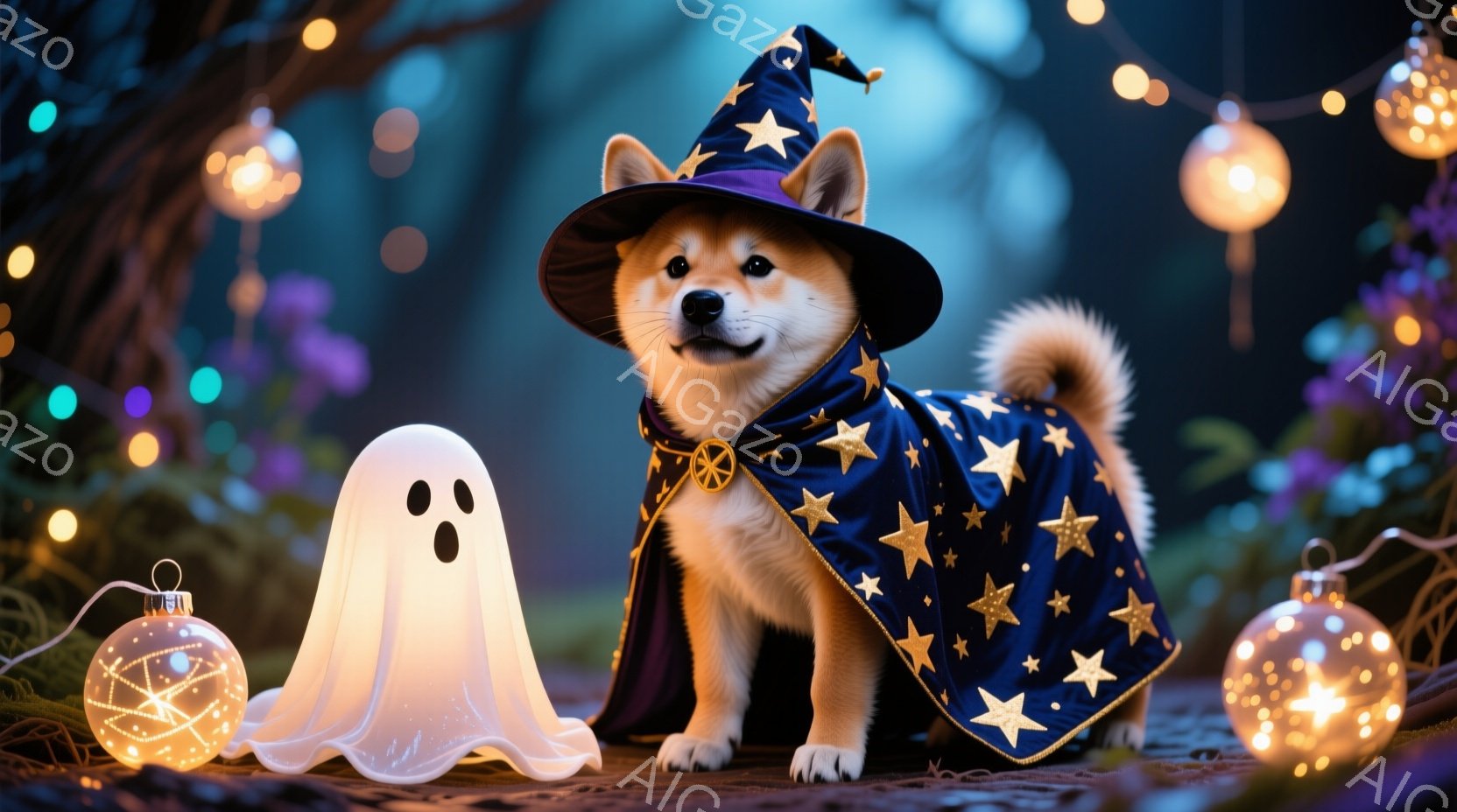 柴犬がハロウィーンの衣装を着て座っています。紺色の星柄のマントと先の尖った帽子を身に着け、少し微笑んでいるように見えます。背景にはぼんやりとした自然と、点滅する光の装飾があり、ハロウィーンの幻想的な雰 - AI生成フリー素材