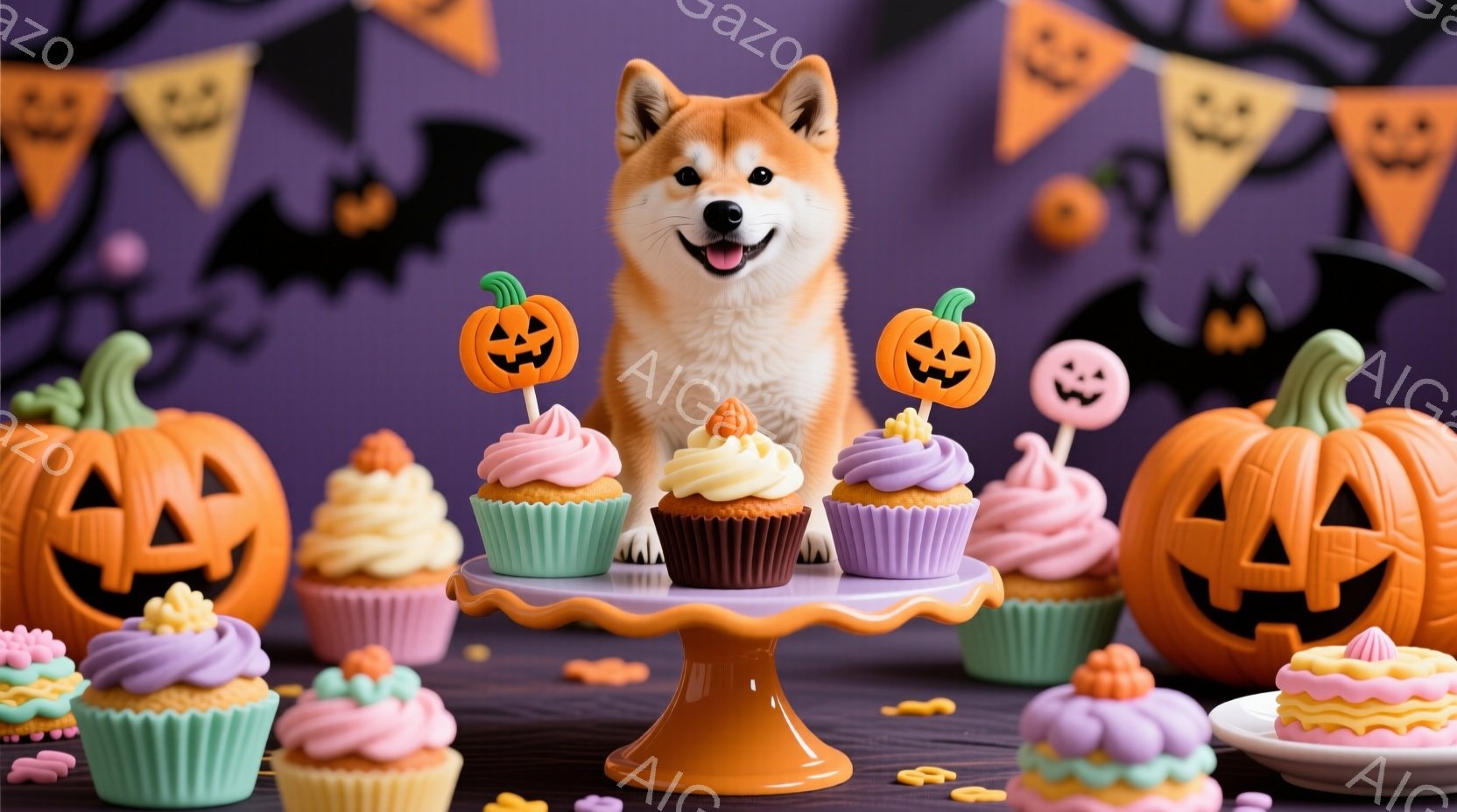 鮮やかな紫色の背景に、ハロウィンのデコレーションとカップケーキが並んでいます。柴犬が中央のケーキスタンドの前に座り、楽しそうにこちらを見ています。全体的に明るく、お祝いムードで、ハロウィンパーティーの - AI生成フリー素材
