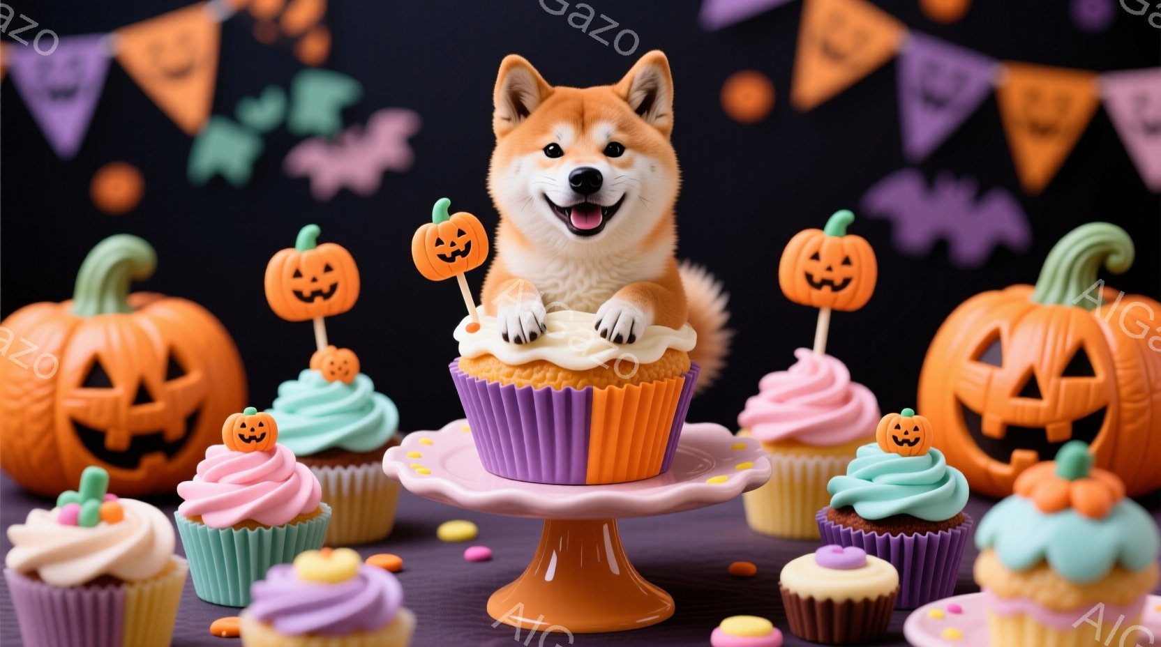 鮮やかなハロウィーンをテーマにした画像です。柴犬が大きなカップケーキの上に座り、楽しそうに微笑んでいます。背景には、紫色のカップケーキ、かぼちゃの飾り、ハロウィーンの旗が散りばめられ、お祝いムードを演 - AI生成フリー素材