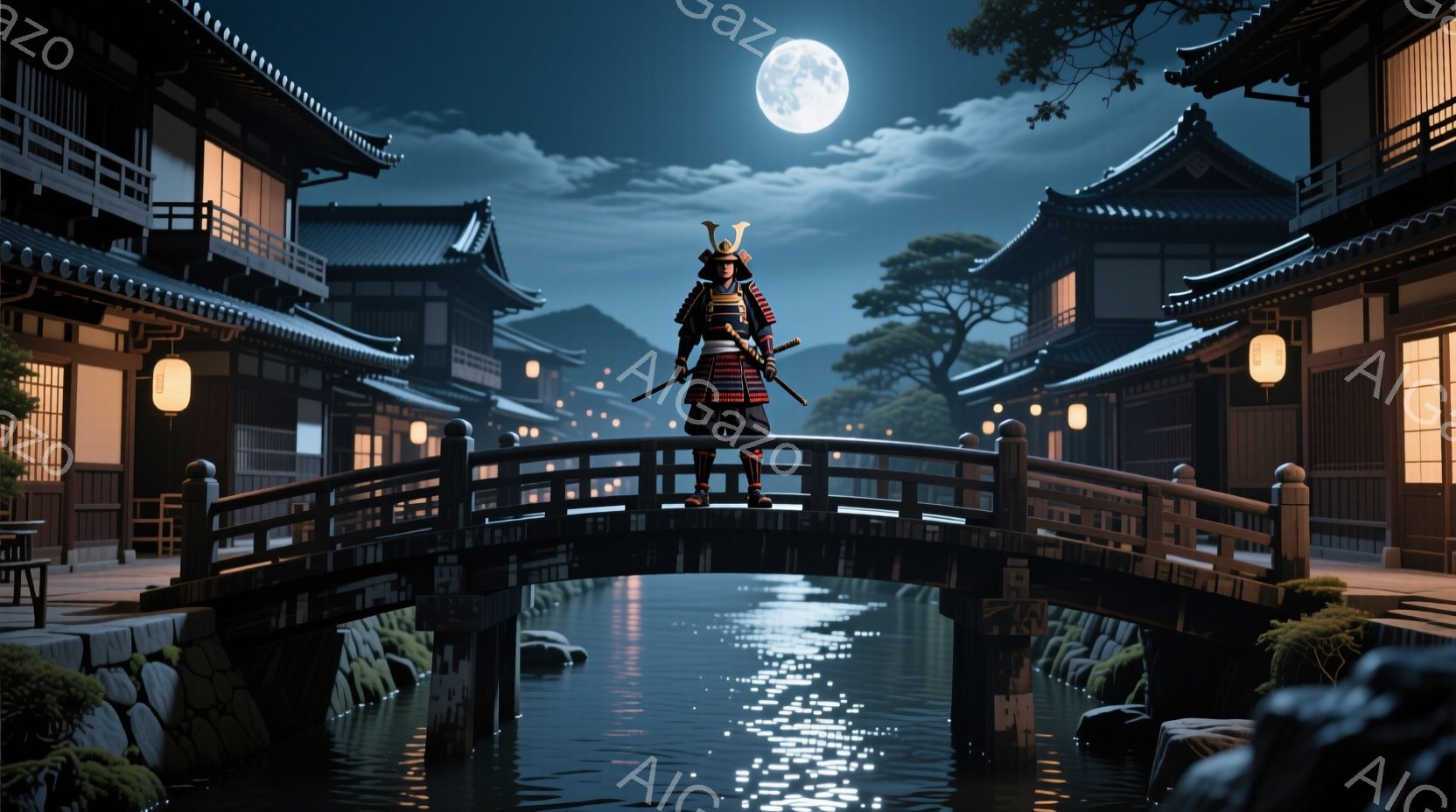 浅夜の町並みを背景に、鎧兜を身につけた武士が橋の上で凛々と佇んでいる。彼の鎧は黒を基調とし、兜には角がつき、威厳を漂わせている。背景には伝統的な日本の家屋が立ち並び、水路には月明かりが反射し、静かで神秘的な雰囲気を醸し出している。