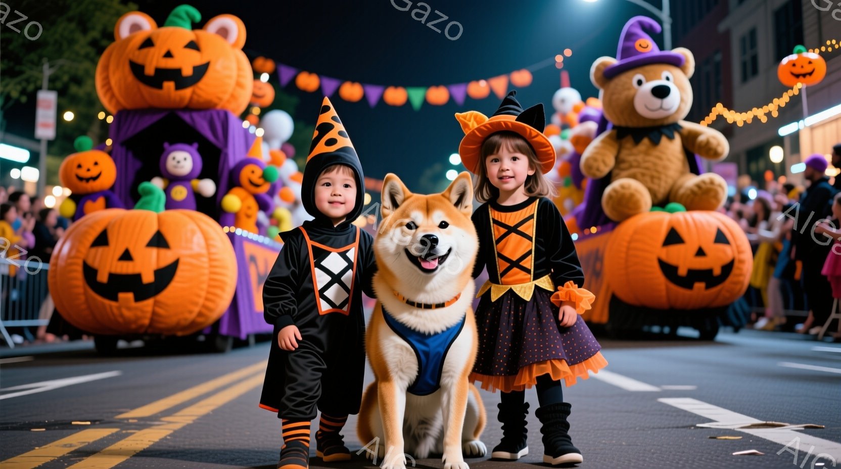 ハロウィーンの衣装を着た幼い男の子と女の子が、同じようにハロウィーンの衣装を着た柴犬と一緒に道路に立っています。男の子は黒い衣装にオレンジ色のストライプが入っており、帽子をかぶっています。女の子も同じ - AI生成フリー素材