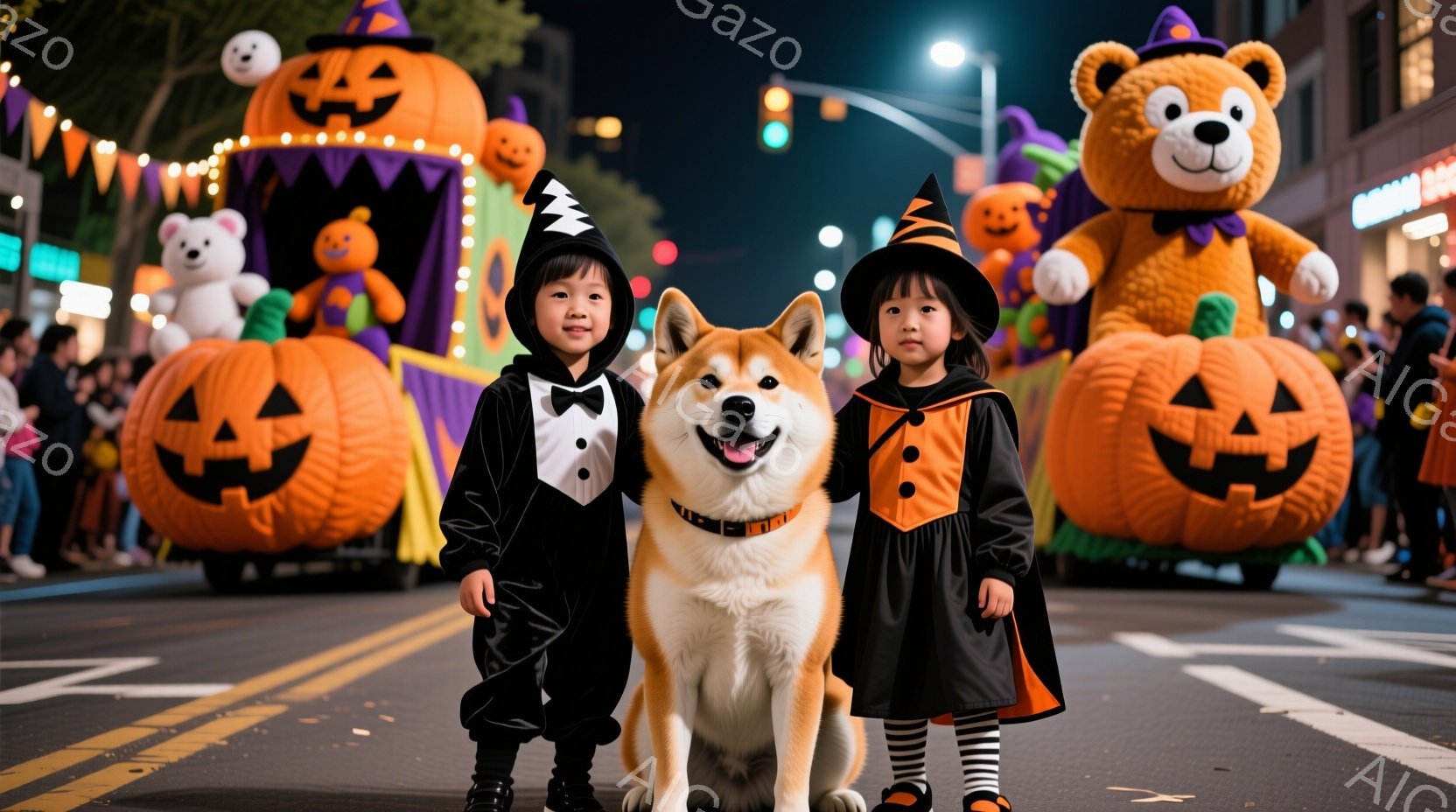 ハロウィーンのパレードで、黒い衣装を着た二人の子供と柴犬が並んでいます。男の子はタキシード風の衣装に蝶ネクタイを締め、女の子は魔女の帽子を被り、黒いドレスに白いストライプの靴下を履いています。背景には - AI生成フリー素材