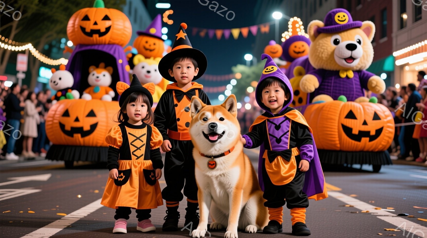 ハロウィーンのパレードの様子で、オレンジ色の衣装を着た二人の子供と、柴犬が道路の中央に立っている。子供たちはそれぞれ魔女帽子をかぶり、笑顔を見せており、楽しげな雰囲気が漂う。背景には、カボチャやキャラクターのフロートが並び、多くの観客がハロウィーンを楽しんでいる様子が伺える。