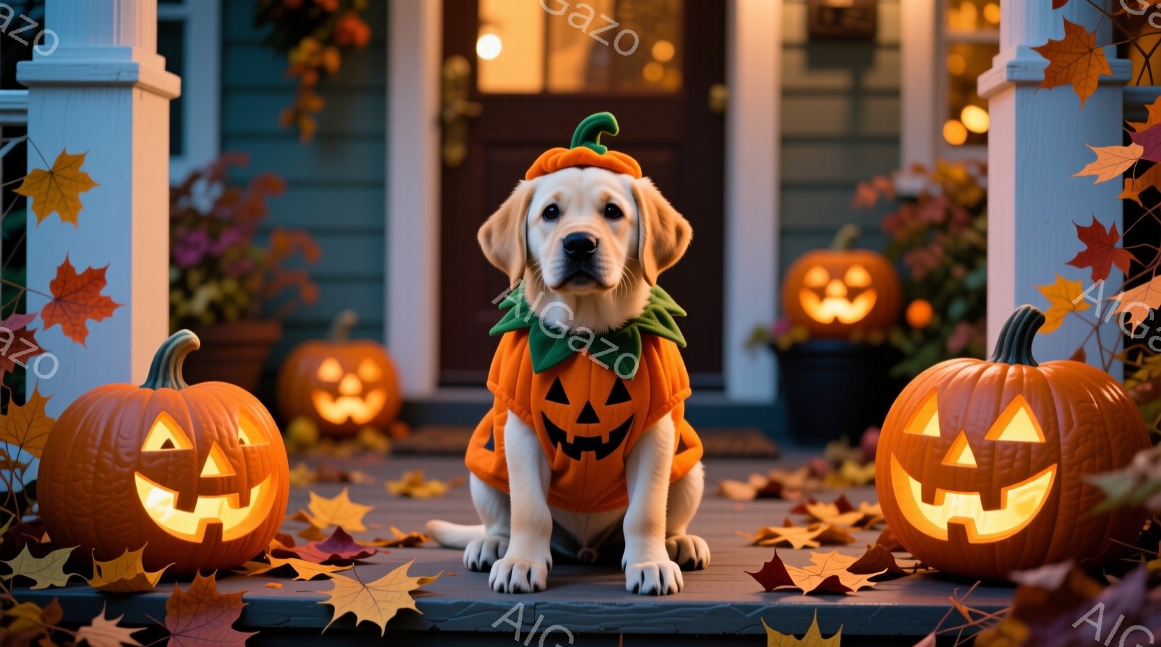 ハロウィーンの飾り付けがされた玄関の前に、カボチャのコスチュームを着たゴールデンレトリバーが座っています。カボチャの衣装はオレンジ色で、首元には緑の葉のような装飾がついています。背景には、点灯されたカボチャのランタンと、散らばった紅葉があり、秋の温かくお祝いの雰囲気を醸し出しています。