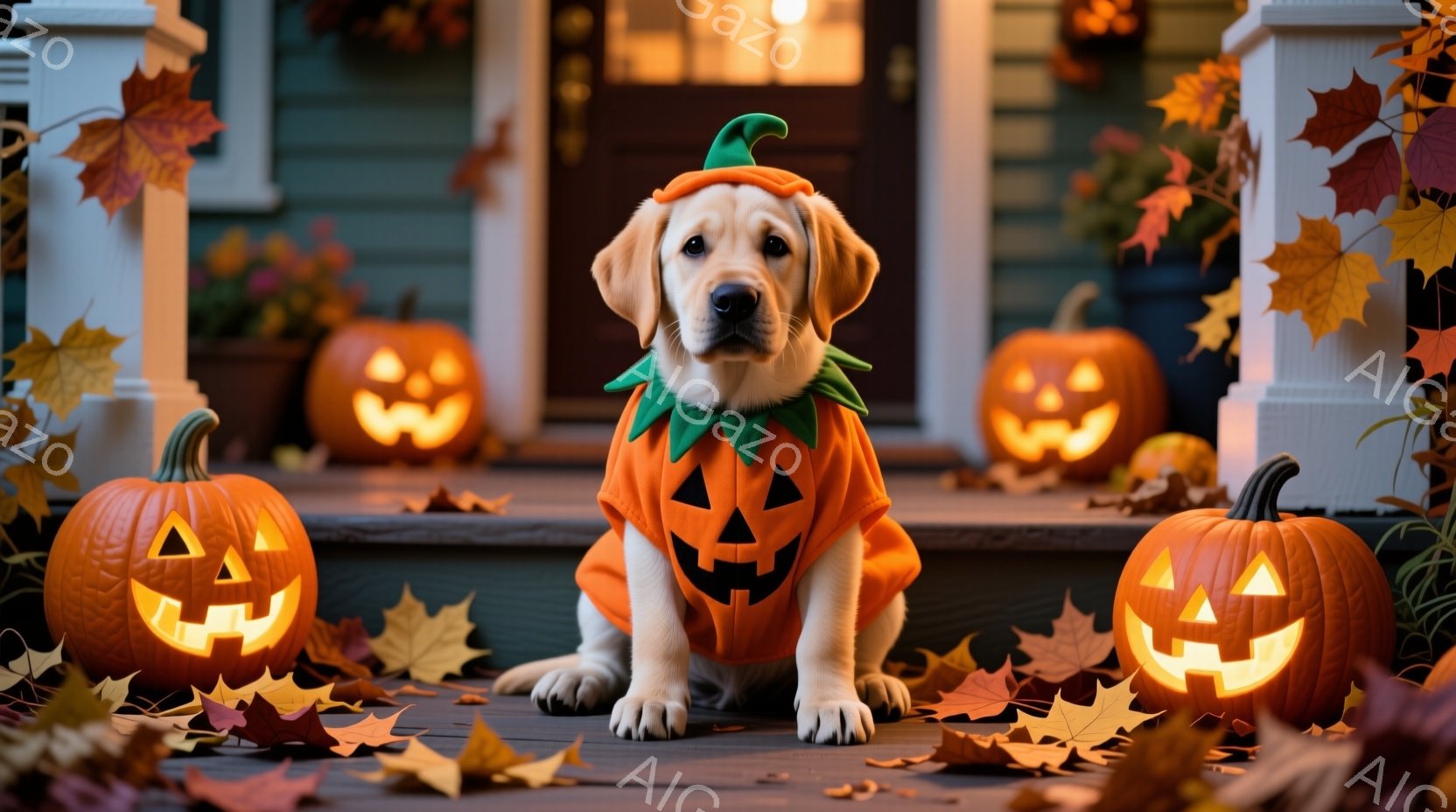 ハロウィーンの装飾が施された玄関のステップに、オレンジ色のカボチャのコスチュームを着たゴールデンレトリバーの子犬が座っています。カボチャの衣装には緑色の茎が付いており、子犬は正面を見て穏やかな表情をしています。周囲には落ち葉と、中から光が灯った複数のジャック・オー・ランタンが置かれ、暖かくお祝いムードの背景を作り出しています。
