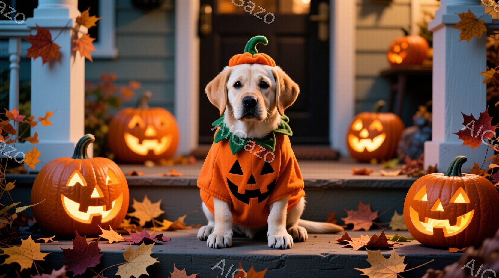 オレンジ色の背景に、ハロウィーンの装飾が施された家の階段に、カボチャのコスチュームを着たゴールデンレトリバーが座っています。カボチャの帽子をかぶり、穏やかな表情でカメラを見ており、周囲にはジャック・オ - AI生成フリー素材