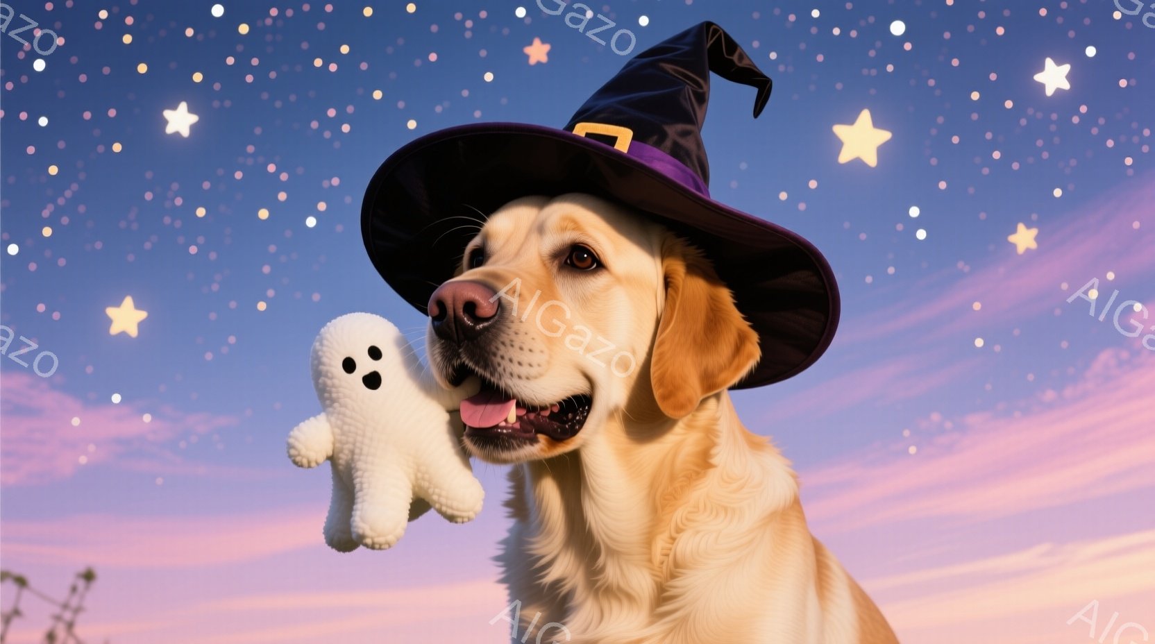 明るい毛並みのゴールデンレトリバーが、ハロウィーンらしい黒い魔女帽子をかぶって正面を見つめています。口には白い小さな幽霊のぬいぐるみを優しくくわえ、少し舌を出した笑顔を見せています。背景は夕焼けのよう - AI生成フリー素材