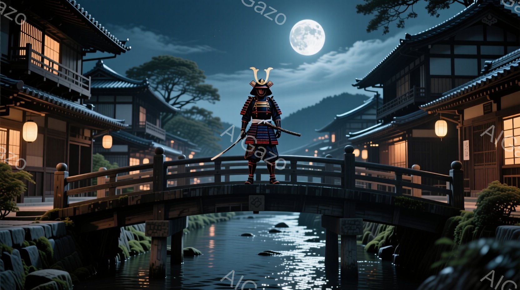 夜の街並みを背景に、兜を被り鎧を身につけた武士が橋の上に立っている。月明かりが水面に反射し、街並みと武士の姿を照らし出している。厳粛で静謐な雰囲気の中に、武士の凛々しい姿が際立っている。 - AI生成フリー素材