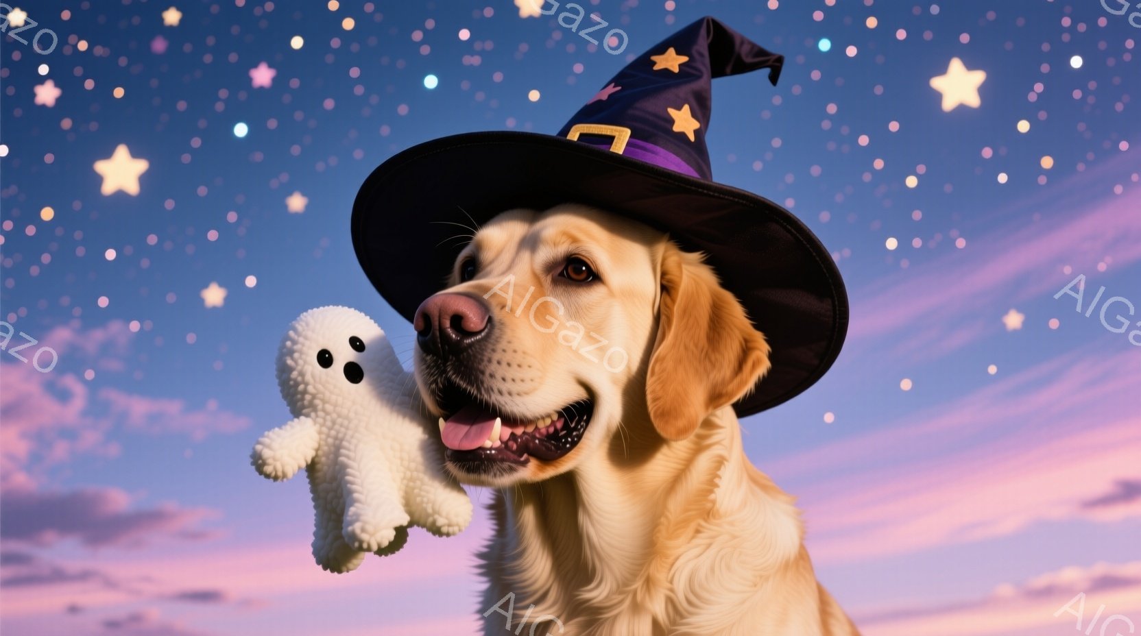 ゴールデンレトリバーがハロウィーンの帽子をかぶり、口を開けて楽しそうに微笑んでいます。その口には、白い可愛らしいお化けのぬいぐるみが挟まれています。背景は紫色とピンク色のグラデーションで、星が散りばめ - AI生成フリー素材
