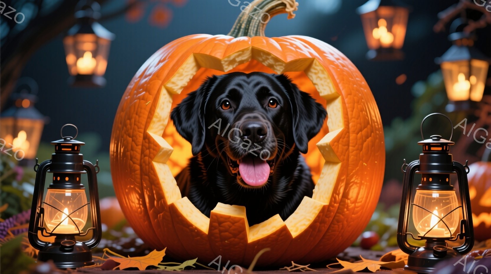 黒い犬がハロウィーンのくり抜かれたカボチャの中に顔を出しています。犬は舌を出し、嬉しそうな表情で正面を見ており、背景には秋の落ち葉と灯りが灯ったランタンが並んでいます。全体的に暖かく、お祭り気分を感じ - AI生成フリー素材