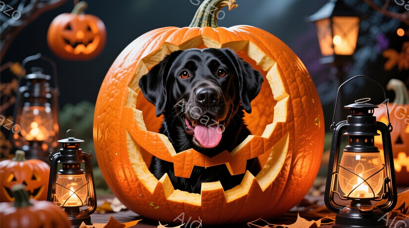 大きなくり抜かれたカボチャの中に、舌をペロリと出した黒い犬が顔を覗かせています。周囲には、点灯したランタンや他のくり抜かれたカボチャが配置され、落ち葉が散らばる地面が背景に広がっています。全体的に、ハ - AI生成フリー素材