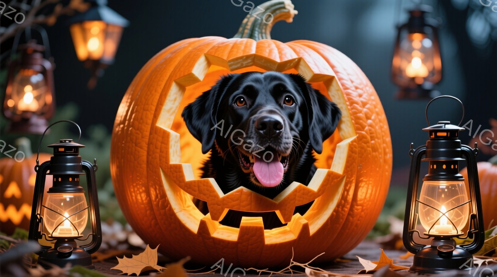 大きなオレンジ色のハロウィンカボチャの中に、笑顔の黒い犬が顔を出しています。カボチャはジャック・オー・ランタンのように彫られており、周りには葉っぱと光るランタンが置かれています。 全体的に暖かく、お祝 - AI生成フリー素材