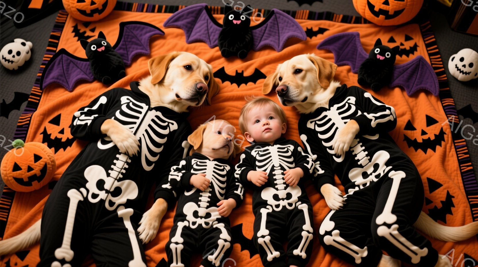 オレンジ色の背景に、スケルトンの衣装を着た3匹の犬と1人の赤ちゃんが横たわっています。犬たちはそれぞれ異なる大きさで、リラックスした表情でカメラを見つめています。背景にはハロウィーンを象徴するカボチャの飾りやコウモリが散りばめられており、全体的に温かく楽しい雰囲気が漂っています。