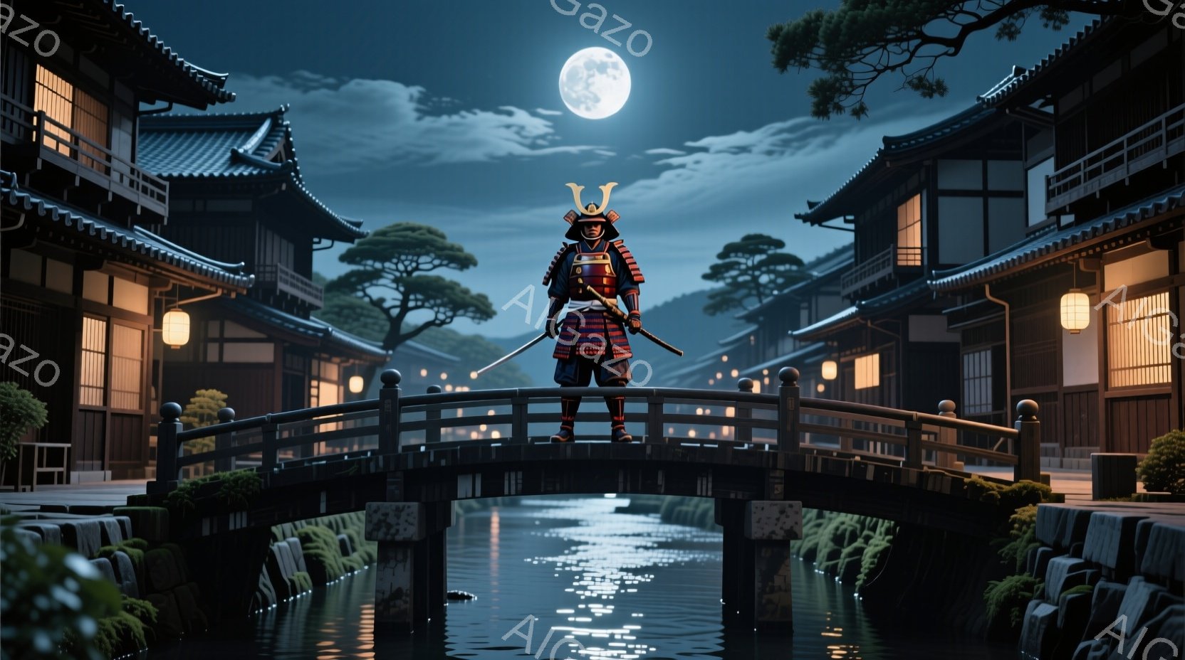 夜の古い町並みを背景に、兜を被り、鎧を身につけた武士が橋の上に立っている。彼は両手に刀を持ち、正面をまっすぐ見据え、威厳に満ちた姿勢を保っている。背景には伝統的な日本の家屋が並び、水路には月の光が反射し、静かで神秘的な雰囲気を醸し出している。