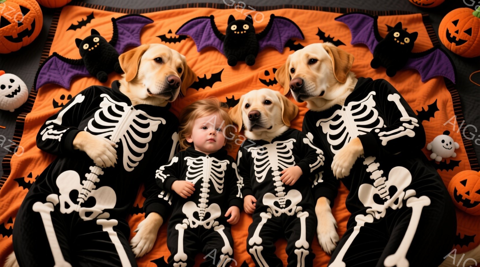 オレンジ色の背景に、ハロウィーンの装飾が散りばめられています。クリーム色のラブラドールレトリバー３匹と、同じハロウィーンのスケルトンコスチュームを着た幼い女の子が並んで横たわっています。彼らは皆、カメラ目線で、楽しそうな雰囲気です。