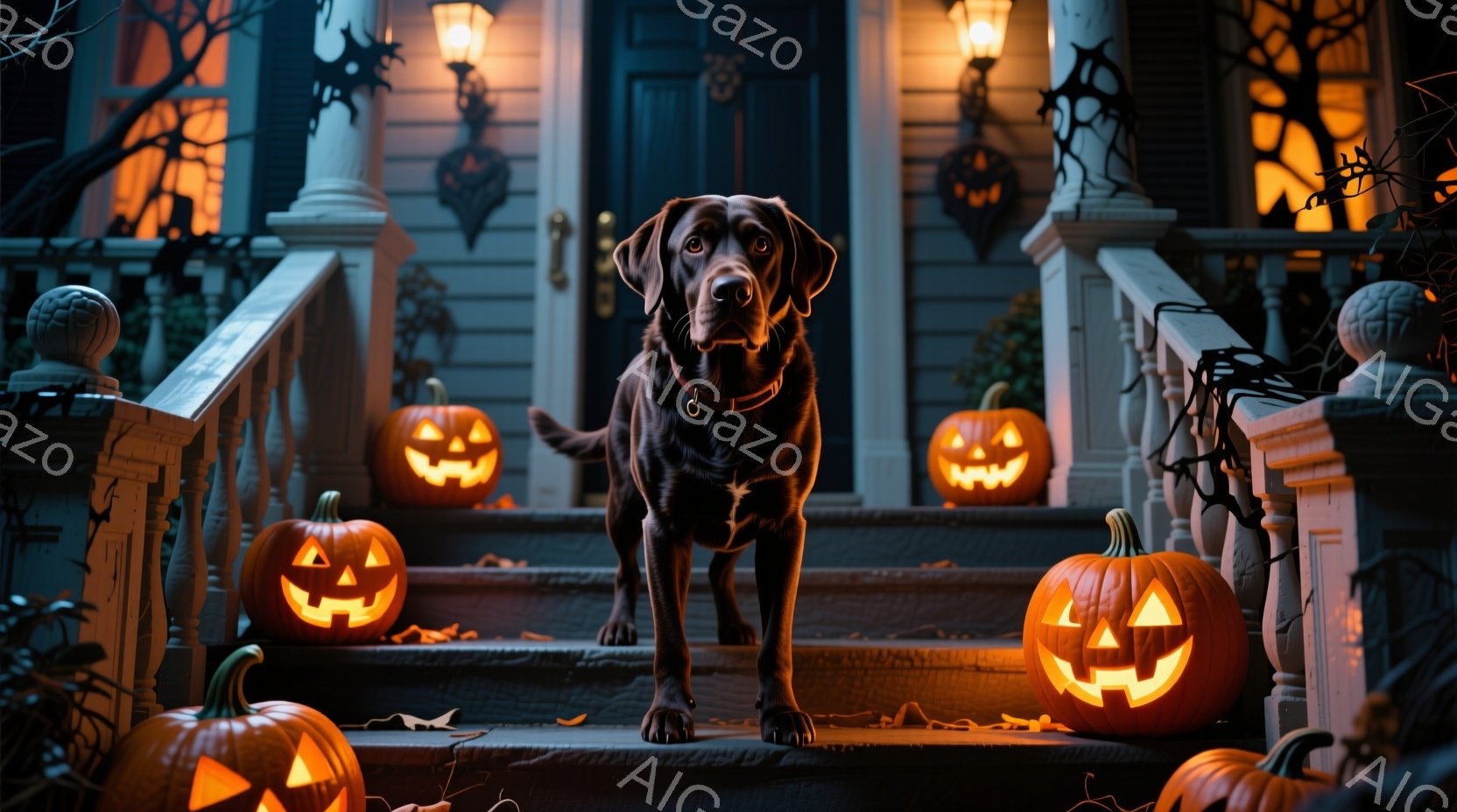 ハロウィーンの装飾が施された家の階段に、茶色のラブラドール・レトリバーが立っている。周囲にはジャック・オ・ランタンが置かれ、背景の家は暗く、オレンジ色の光で照らされている。 全体的に、秋の夜の神秘的で温かい雰囲気を醸し出している。