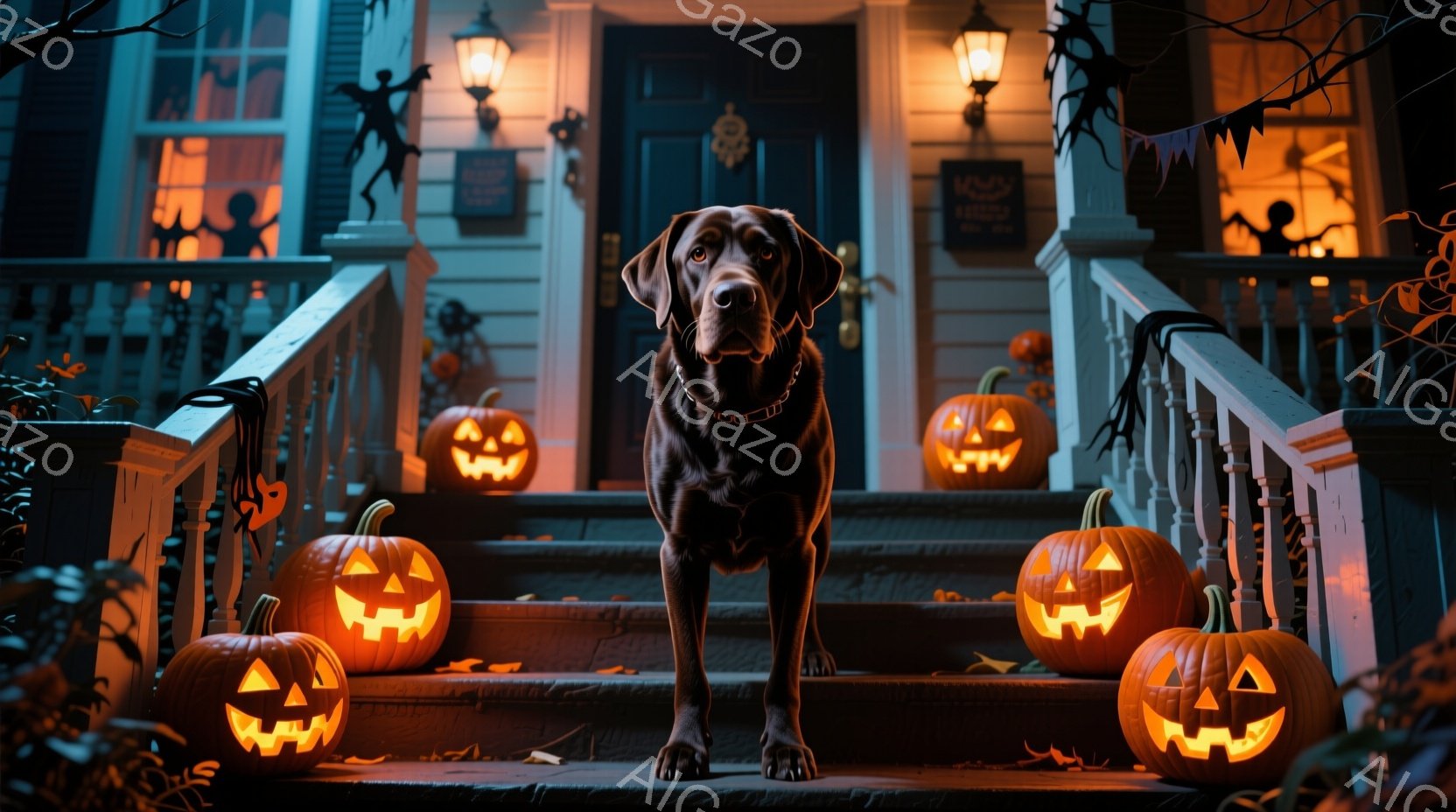 深い茶色のラブラドール・レトリバーが、ハロウィンの飾り付けがされた家の階段に堂々と立っている。背景には、ジャック・オー・ランタンがいくつか並び、不気味な雰囲気を醸し出している。家の周りにはハロウィーンの装飾が施され、薄暗い照明が不気味さと祝祭的な雰囲気を強調している。