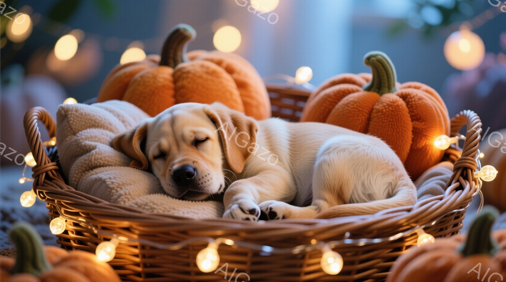 小さなクリーム色のパピーが、柔らかい毛布の上に置かれた籐のバスケットの中で眠っています。背景にはオレンジ色のカボチャがいくつか置かれ、暖かい色の電飾がバスケットの周りを囲み、秋らしい穏やかな雰囲気を醸し出しています。パピーはリラックスした姿勢で、平和で心地よい光景を作り出しています。
