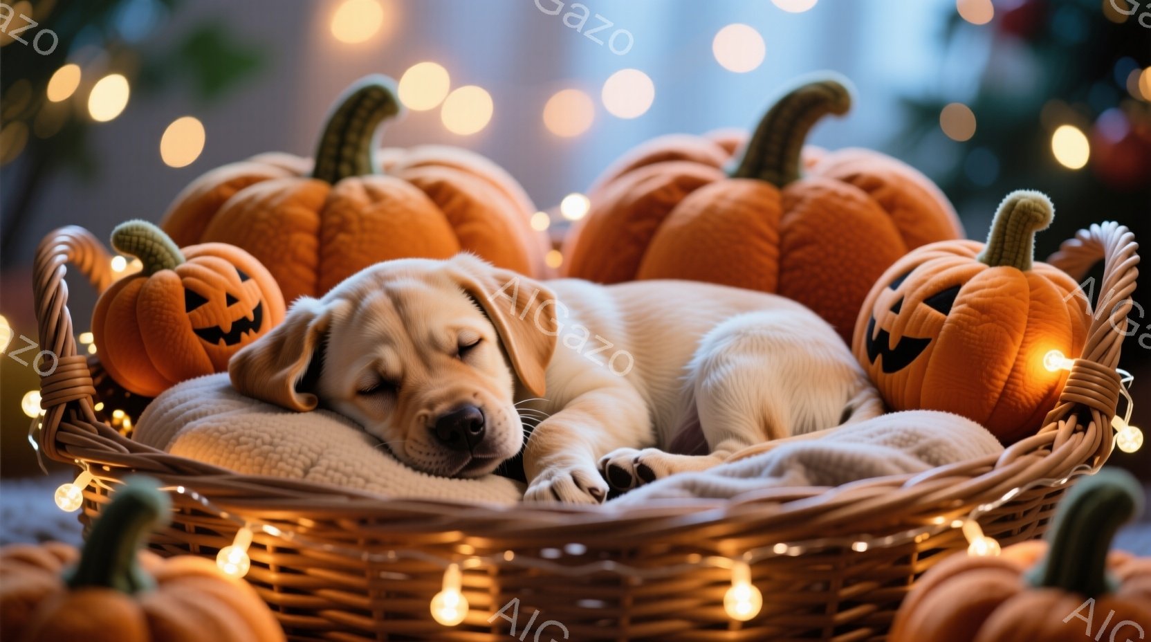 小さなクリーム色のパピーが、かごの中に丸まって眠っています。背景にはハロウィーンの装飾であるたくさんのジャック・オー・ランタンと、暖かい光を放つ電飾があり、秋の穏やかな雰囲気を醸し出しています。パピーの表情は穏やかで、安らかな眠りにつかっている様子が伝わってきます。