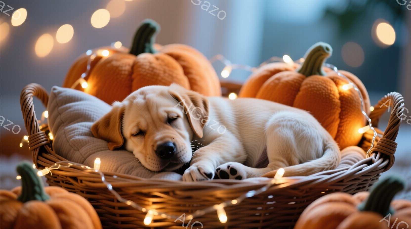 小さなクリーム色のパピーが、編まれたバスケットの中で眠っています。周りにはオレンジ色のカボチャと、暖かく輝く電飾が配置され、秋の雰囲気を感じさせます。パピーは目を閉じ、リラックスした様子で、可愛らしい足跡がバスケット内に映えています。