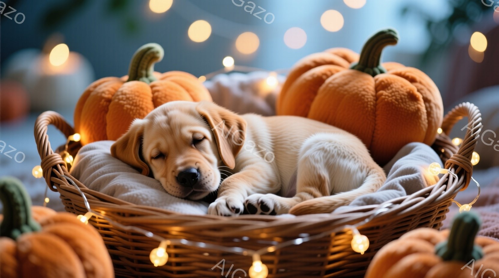 小さなクリーム色の子犬が、編まれたバスケットの中で眠っています。周りにはオレンジ色のカボチャが置かれ、暖かい光のストリングライトが飾られています。全体的に温かく、秋らしい雰囲気で、穏やかで幸せな感情を呼び起こします。