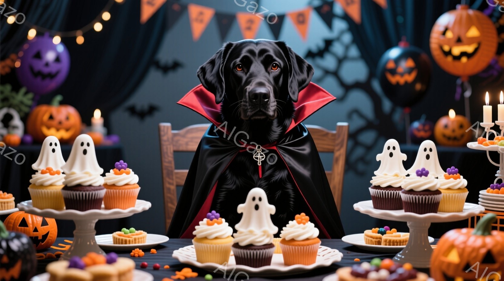 黒いラブラドール・レトリバーが、ハロウィーンをテーマにした部屋の中心に座っています。黒いマントと赤い襟をつけ、少し不機嫌そうな表情で正面を見つめており、テーブルの上にはお化けの飾りとカラフルなカップケーキが並んでいます。背景には、オレンジ色のパンプキンやコウモリの飾り、そしてハロウィーンのガーランドが飾られ、お祝いの雰囲気を醸し出しています。