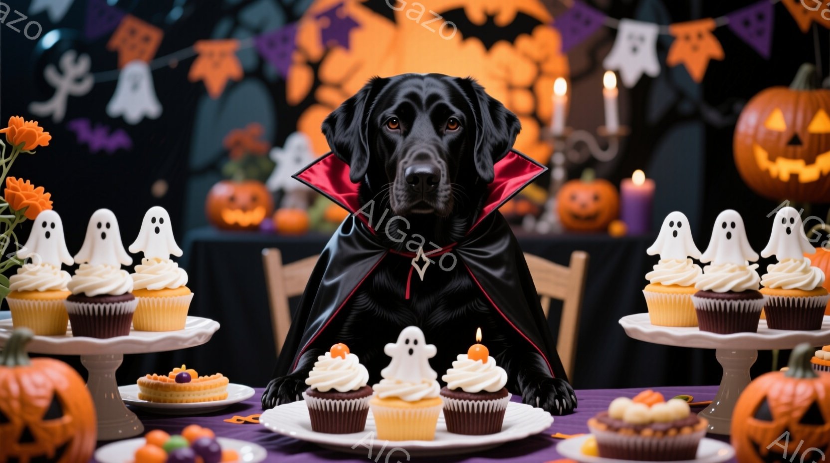 黒い毛並みの犬が、ハロウィーンをテーマにしたテーブルの前に座り、黒いマントを身に着けています。テーブルの上には、お化けのデコレーションが施されたカップケーキや、ハロウィーンらしいお菓子が並べられていま - AI生成フリー素材