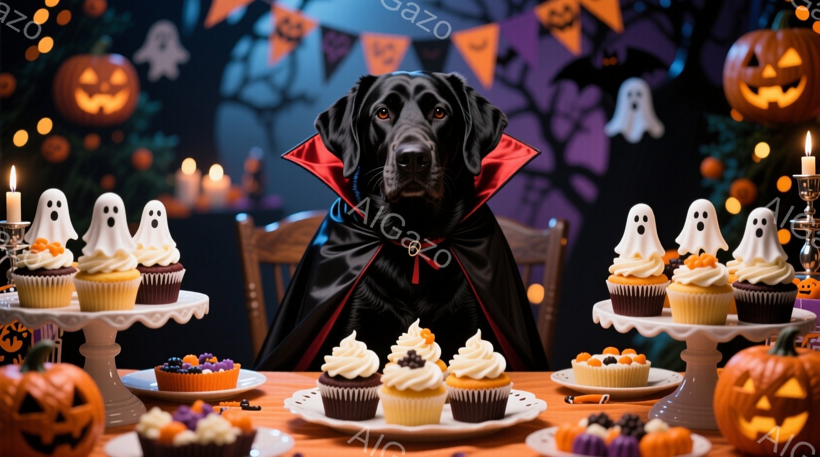 黒い犬がハロウィーンをテーマにしたテーブルの前に座っており、赤い首輪と黒いマントを着ています。テーブルの上には、お化けの形をしたカップケーキやカラフルなキャンディーが並べられ、背景にはハロウィーンの装 - AI生成フリー素材