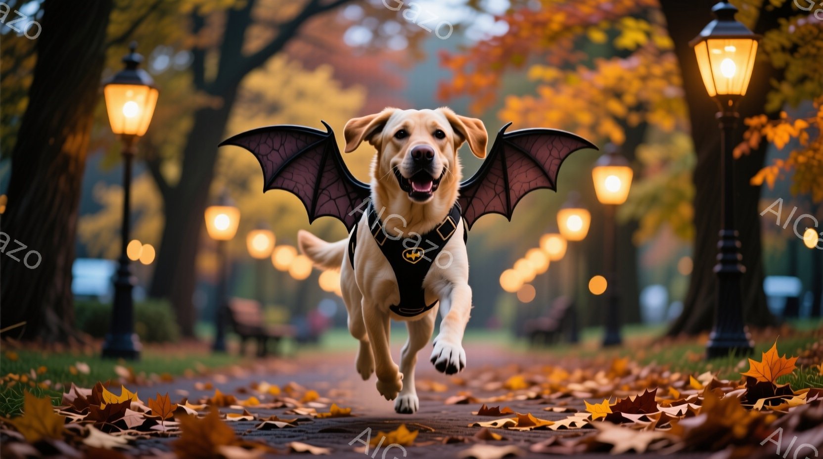 金色の毛並みの犬が、まるでスーパーヒーローのように黒い翼を付けて公園の遊歩道を全力で駆けている。背景には秋の紅葉が広がり、街灯が暖かく光を灯しており、犬の楽しそうな表情と相まって、陽気で活気のある雰囲気が漂っている。地面には落ち葉が散らばり、秋の季節感を強調している。