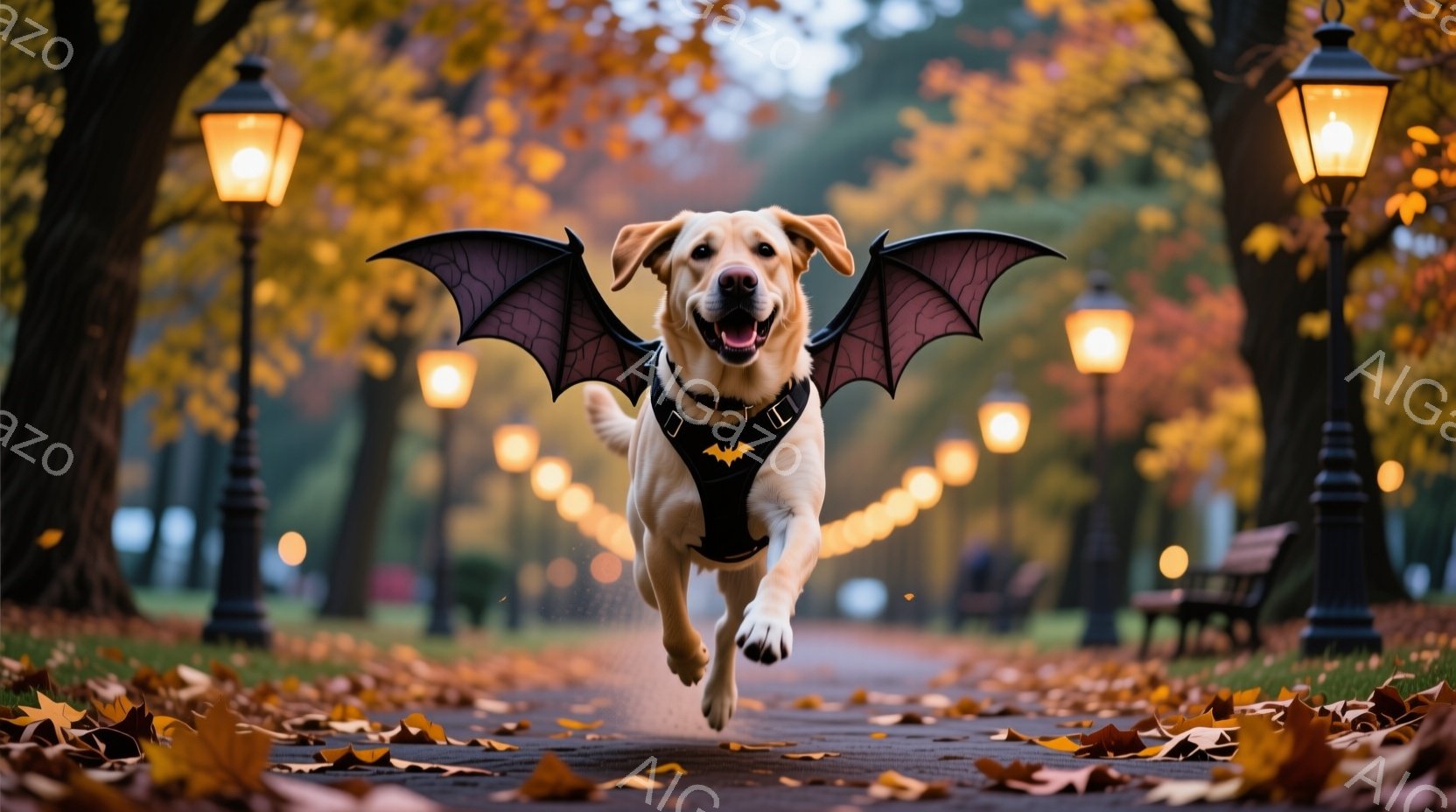 金色の毛並みの犬が、まるで空を飛んでいるかのように、公園の遊歩道を勢いよく駆け抜けている。ハロウィーンを意識した黒い翼とハーネスを身につけ、口を開けて楽しそうに走っている姿は躍動感に満ち溢れている。背 - AI生成フリー素材