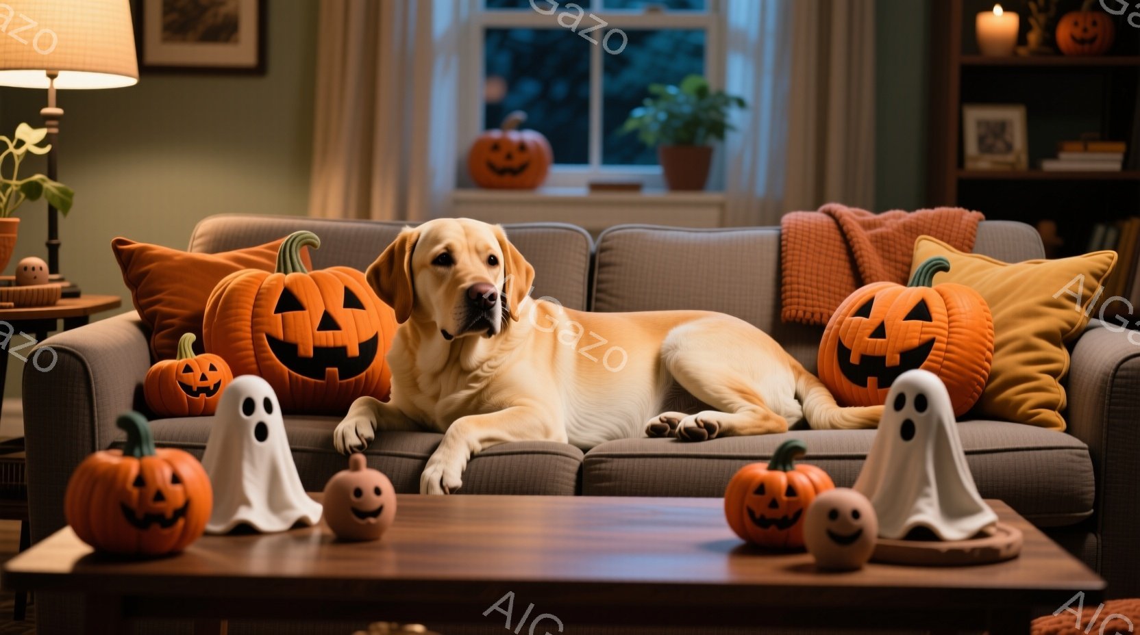 明るい茶色のラボラドール・レトリバーが、ハロウィーンをテーマにした装飾が施された灰色のソファに横たわっています。周りにはオレンジ色のカボチャのクッションと、白いお化けの置物が散りばめられており、テーブルの上にも小さなカボチャの置物が並んでいます。背景には植物や本棚が見え、暖色系の照明が居間全体を包み込み、お祝いムードを醸し出しています。