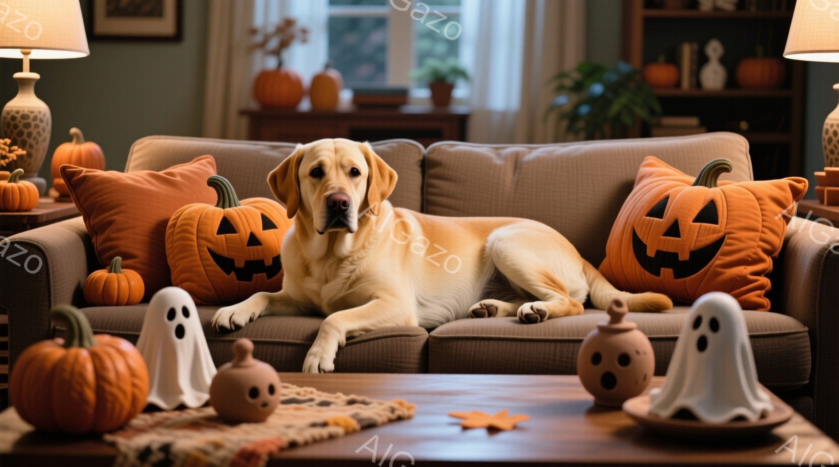 明るい茶色のソファに、クリーム色のラブラドール・レトリバーが横たわっています。ハロウィーンの飾り付けがされており、カボチャのクッションや、お化けの置物、小さなカボチャなどがテーブルやソファ周りに置かれています。室内は暖かく、秋の雰囲気で、リラックスした穏やかな空間が感じられます。