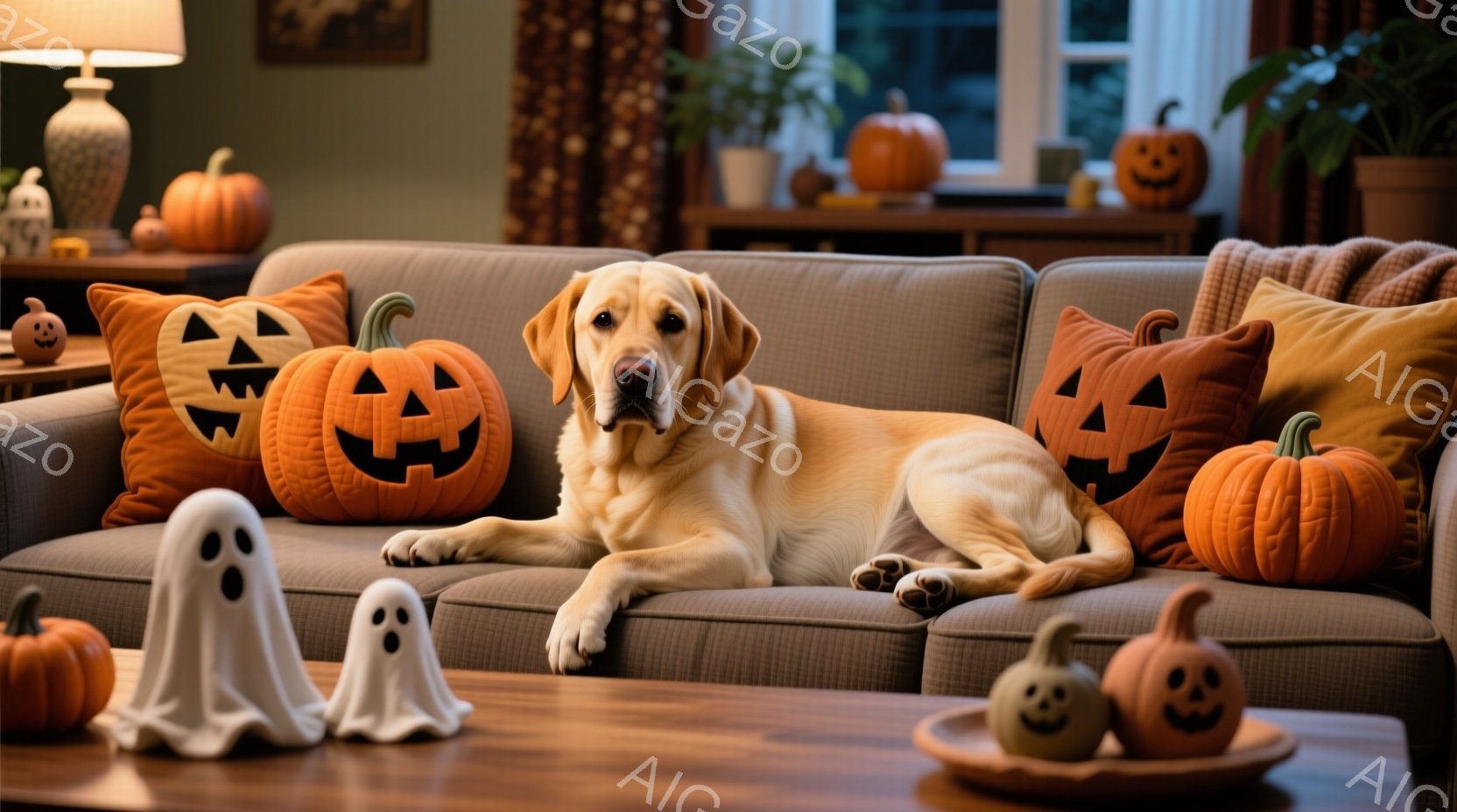 明るいベージュ色のソファに、クリーム色のラブラドールレトリバーが横たわっています。ハロウィーンの飾り付けとして、様々な大きさのジャック・オー・ランタンのクッションと置物が周囲に配置され、温かくお祝いムードを演出しています。背景には植物や間接照明が見え、室内は落ち着いた雰囲気で、秋のハロウィーンシーズンを表現しています。