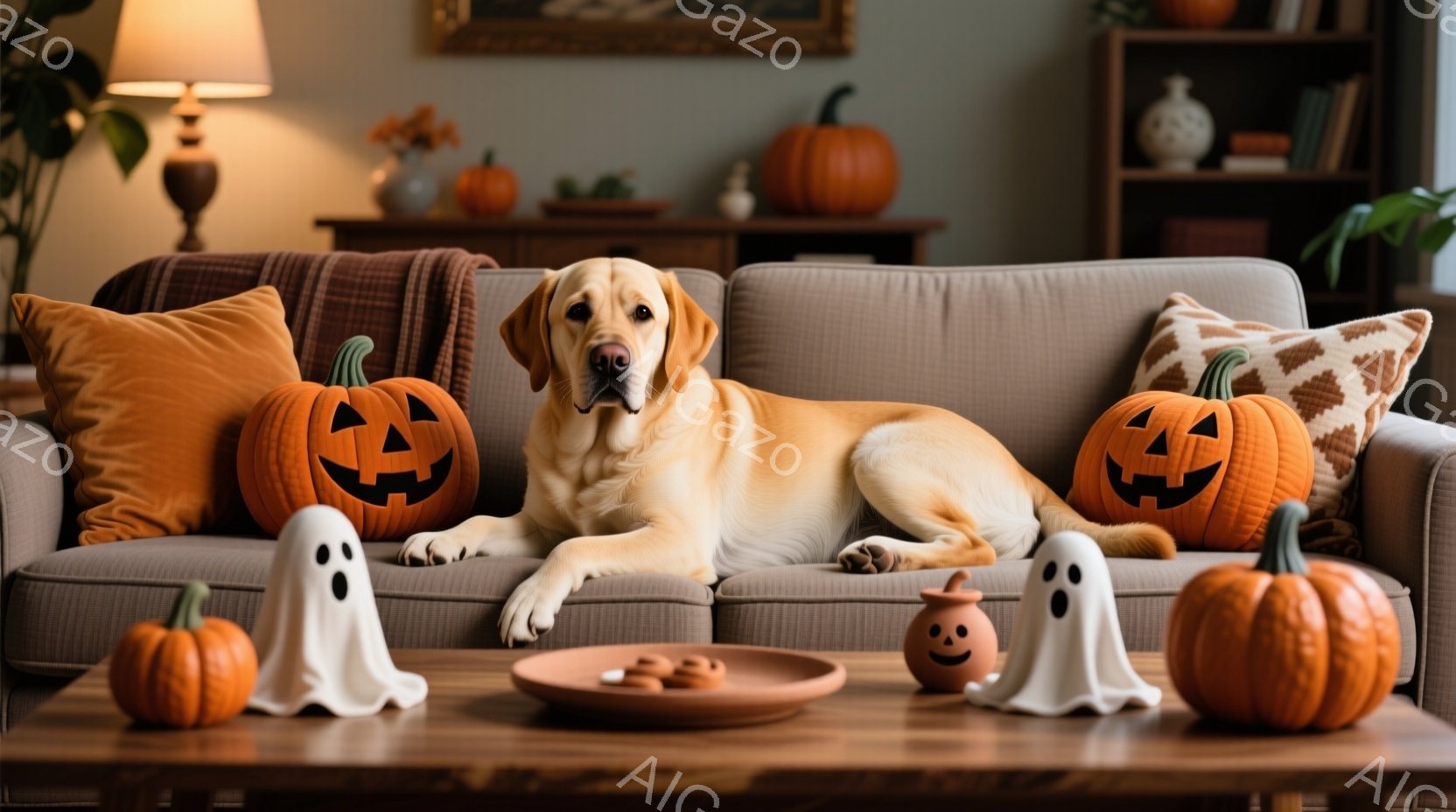 明るい茶色のソファに、穏やかな表情のゴールデンレトリバーが横たわっています。ハロウィーンの飾り付けとして、カボチャのクッションや小さな幽霊の置物が配置され、暖かくお祝いの雰囲気が漂っています。背景には木製の棚と間接照明があり、居心地の良いリビングルームの光景が広がっています。