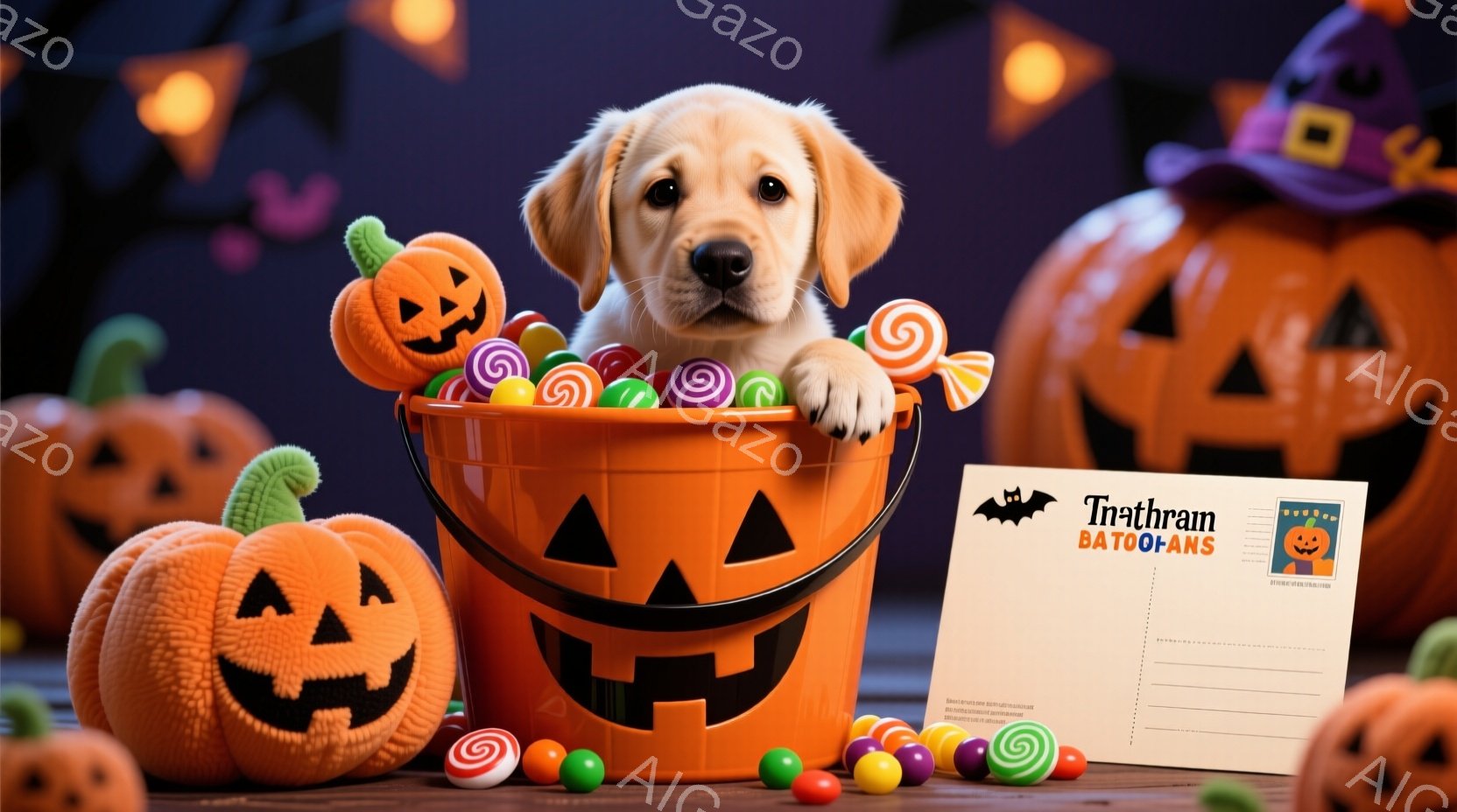 オレンジ色のハロウィンバケツの中に、可愛らしいゴールデンレトリバーの子犬が座っています。周りにはカラフルなキャンディーや、ジャック・オ・ランタンの飾り、そして紫色の背景が広がっており、ハロウィンの雰囲気を盛り上げています。子犬は少し困ったような表情で、まるで「キャンディーをもっとくれ！」と言っているかのようです。