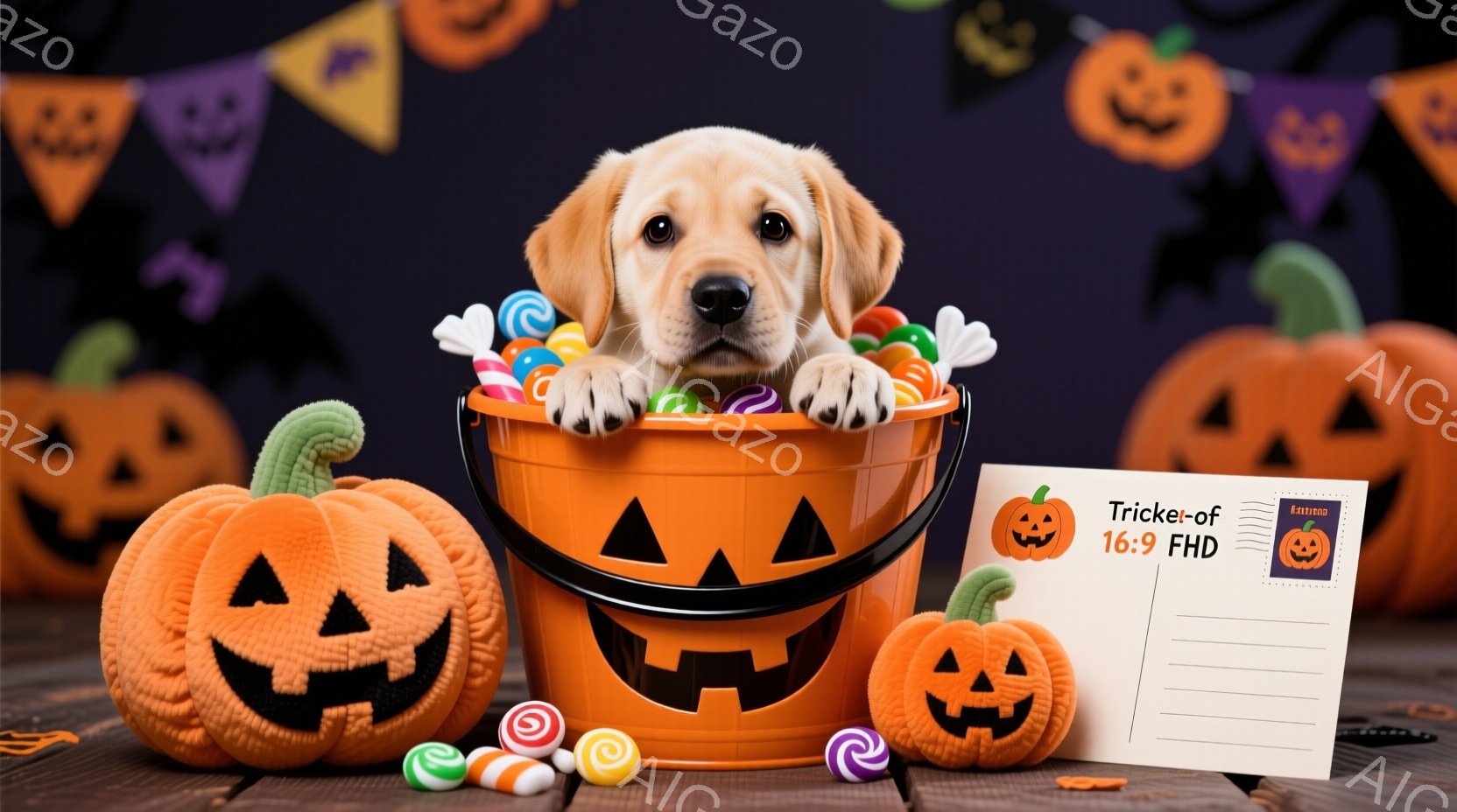 オレンジ色の背景に、ハロウィーンをテーマにした可愛らしい写真があります。茶色い子犬が、お菓子でいっぱいのオレンジ色のバケツの中から顔を出し、楽しそうな表情をしています。周囲には、様々なデザインのジャッ - AI生成フリー素材