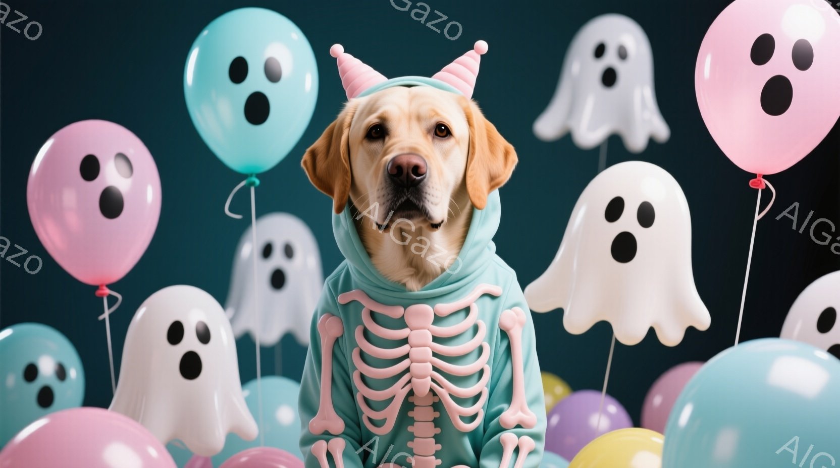 金色の毛並みの犬が、骨格模様の付いた水色の衣装を着ています。その周りには、おばけの形をした風船や切り紙が浮いており、ハロウィーンの装飾が施されているのがわかります。犬は正面を向いており、少し微笑んでいるように見え、楽しげな雰囲気が漂っています。