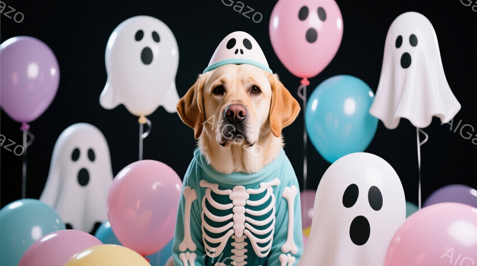 ゴールデンレトリバーがハロウィーンのガイコツのコスチュームを着て、頭には白いお化けの帽子をかぶっています。犬は正面を見て、少し困ったような表情をしています。背景には、ピンク、水色、紫、黄色、白のお化けの形をした風船が多数浮かび、お祝いムードを盛り上げています。