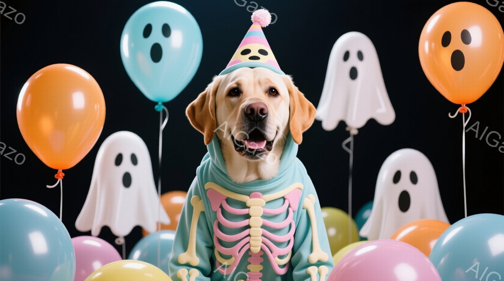 ゴールデンレトリバーがハロウィーンのガイコツ柄のセーターと、水色の帽子を身に着けて正面を見つめています。背景には、お化けの形をした風船や、オレンジ、ピンク、水色の風船が散りばめられており、お祝いムード - AI生成フリー素材