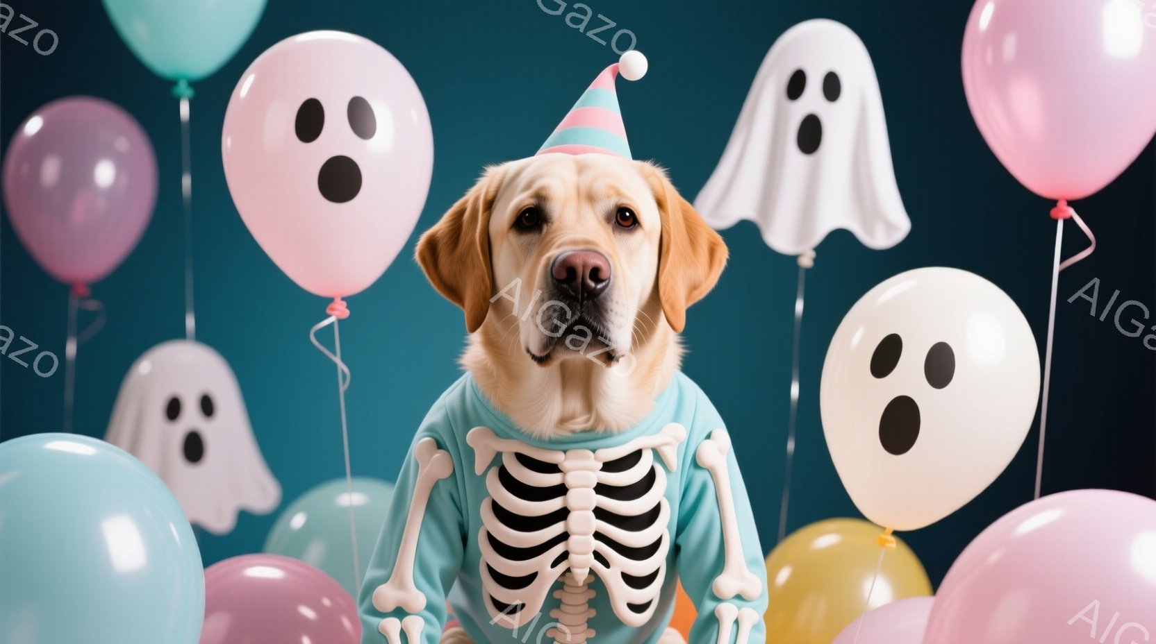 明るい茶色のラブラドール・レトリバーが、骨格模様の衣装を着て、ハロウィーンの飾り付けの中に立っています。犬はまっすぐ前を見て、穏やかで少し退屈そうな表情をしています。背景には、パステルカラーの風船と、白いお化けの形をした飾り付けがあり、お祝いの雰囲気を醸し出しています。