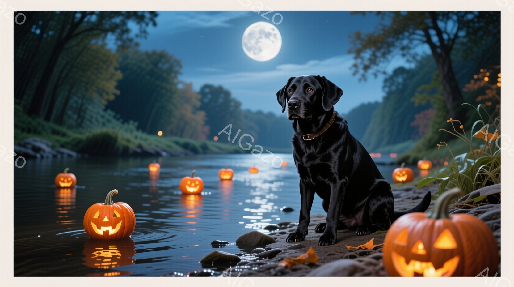 黒い犬が川岸に座り、じっと正面を見つめている。川にはたくさんのジャック・オー・ランタンが浮かび、周囲の木々が暗闇の中にシルエットを描き出している。満月が空に輝き、ハロウィーンの夜の神秘的な雰囲気を醸し - AI生成フリー素材