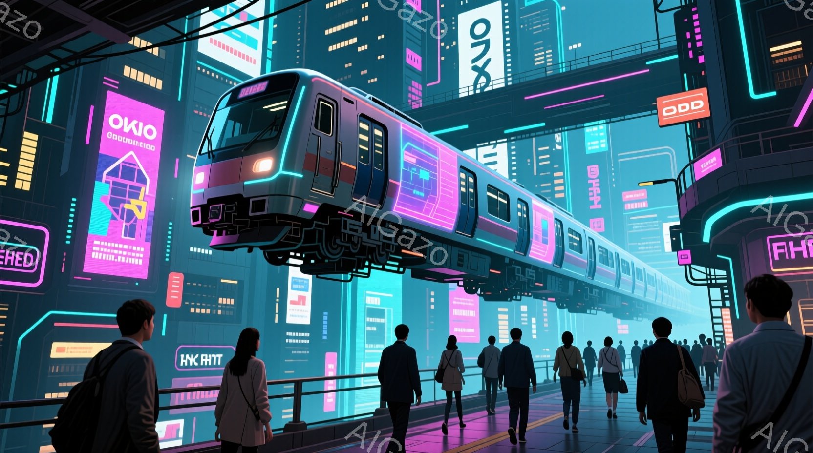 未来的な高架鉄道駅で、人々が整然と歩いている様子が描かれています。人々は皆、黒いスーツやコートを着ており、髪型は短髪で、表情ははっきりとは読み取れませんが、どこか落ち着いた雰囲気を漂わせています。背景にはネオンサインが輝く高層ビルが立ち並び、まるでサイバーパンクの世界のような未来都市の光景が広がっています。