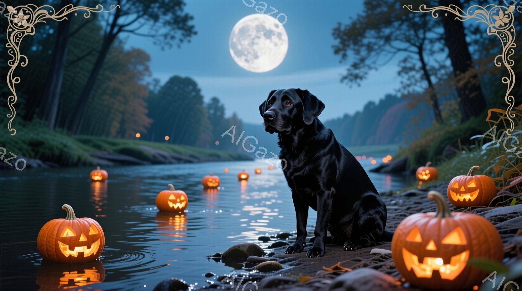 深い森の中を流れる川辺に、黒いラブラドール・レトリバーが座っています。川面には無数のジャック・オー・ランタンが浮かび、不気味ながらも幻想的な光を放っています。満月が夜空を照らし、周囲の木々や水面に影を落とし、ハロウィンの夜の静けさと神秘的な雰囲気を醸し出しています。